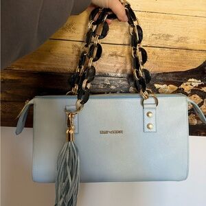 Elegant Light Blue Shoulder Bag with Gold and Black Chain